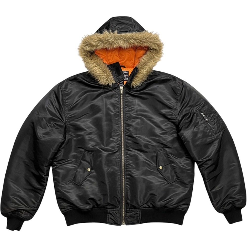 Tool Jeans Mens 2XL Black Bomber Jacket Faux Fur Hood Orange Lining MA-1 Style